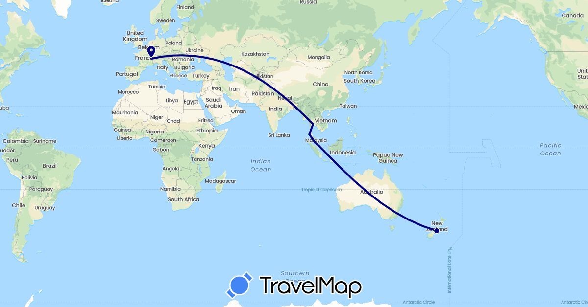 TravelMap itinerary: driving in Switzerland, Malaysia, New Zealand, Singapore, Thailand (Asia, Europe, Oceania)